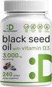 SUPPLÉMENT DE DÉLAI Huile de graines noires, 240 Softgels – Nigella Sativa pressée à froid, Thymoquinone naturellement présente (TQ) – Non-OGM, Pas de gluten – Capsules liquides de graines de cumin noir avec vitamine D3
