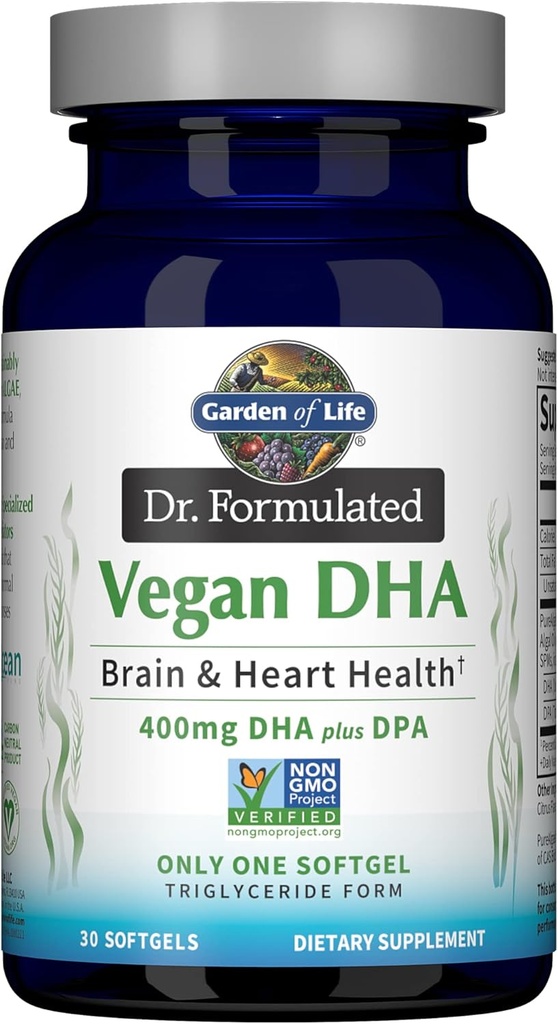 Jardin de la vie Omega 3 Vegan DHA Suppléments Dr. Formulé Vegan DHA, 400mg DHA et 90mg DPA en forme de triglycéride à partir d'une seule source, Omega 3 Supplément pour la santé des femmes et des hommes, 30 Softgels