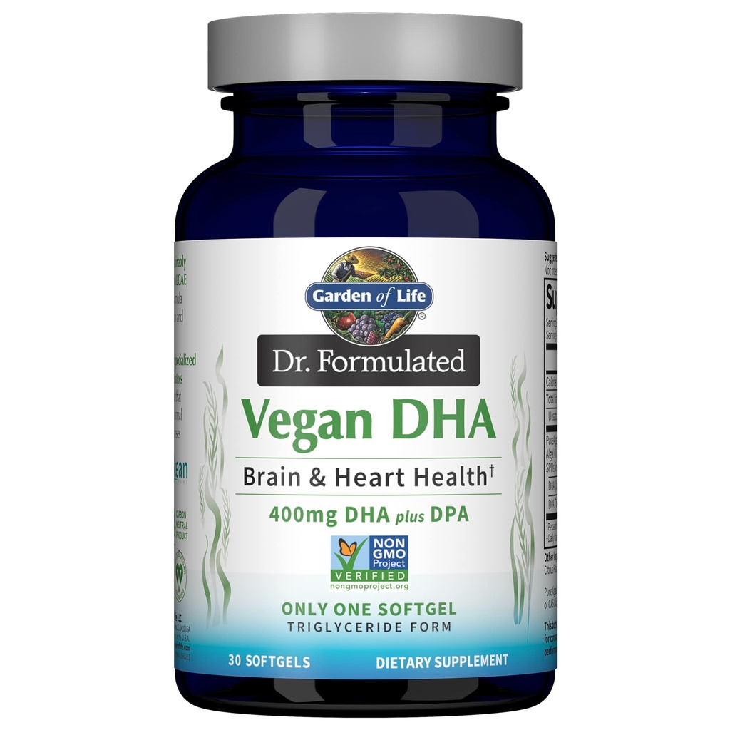 Jardin de la vie Omega 3 Vegan DHA Suppléments Dr. Formulé Vegan DHA, 400mg DHA et 90mg DPA en forme de triglycéride à partir d'une seule source, Omega 3 Supplément pour la santé des femmes et des hommes, 30 Softgels