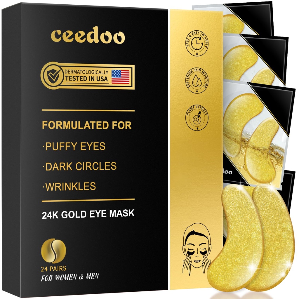 Patches sous les yeux - 24 paires Masque sous les yeux d'or pour les yeux puffy, les cercles sombres, les sacs à yeux, les rides, les gels de collagène avec traitement rajeunissant, Cadeaux pour les femmes