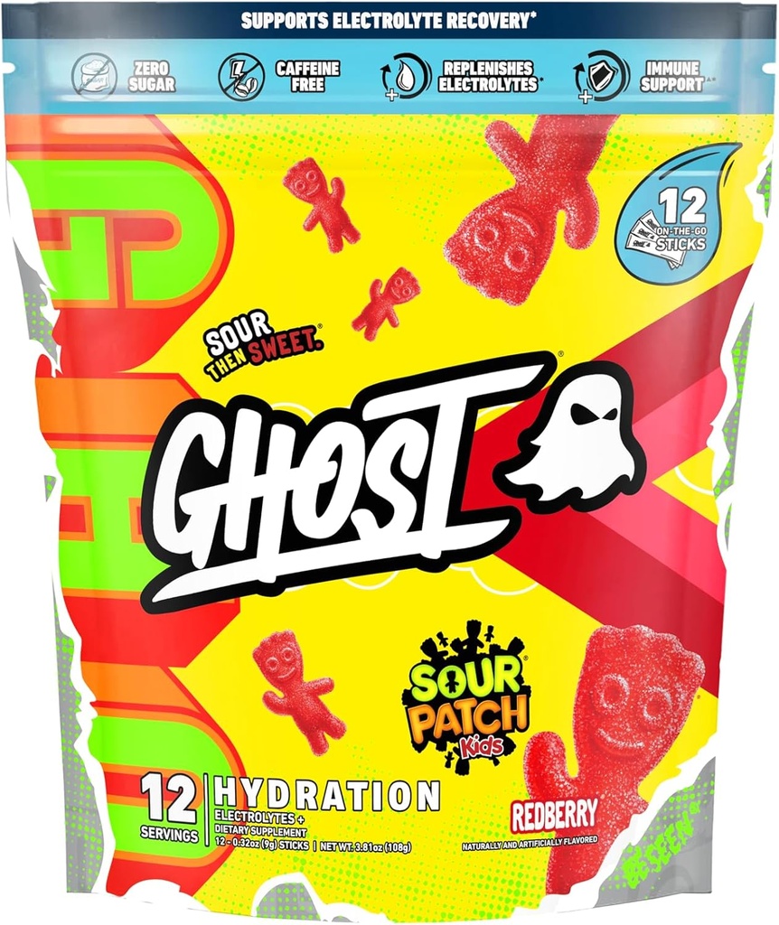 GHOST Packets d'hydratation, Sour Patch Kids Redberry, 12 bâtons, Poudre d'électrolyte - Supplément de boisson avec Magnésium, Potassium, Calcium, Vitamine C - Vegan, Sans soja, Sucre et Gluten