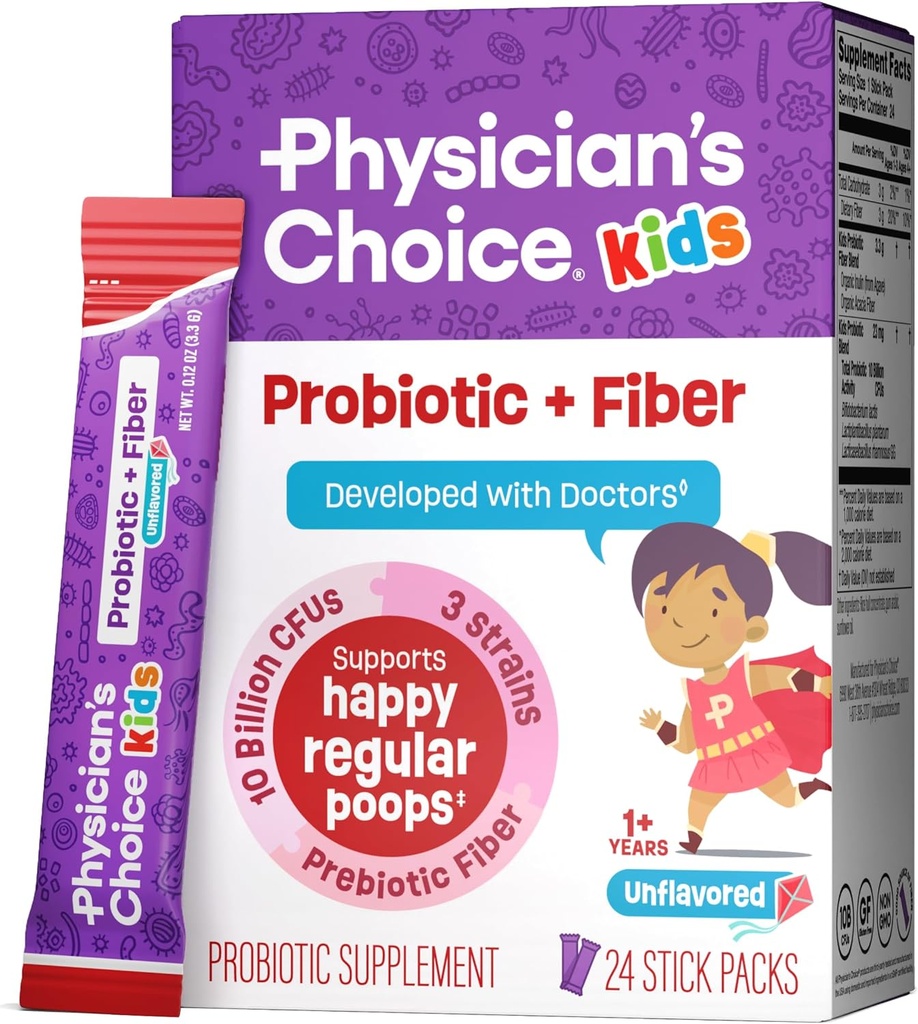 Choix du médecin Enfants Probiotiques + Packets de fibre prébiotiques (Age 1+) - Soutient la régularité, la constipation occasionnelle et un système digestif sain - Pas d'allergènes ou de conservateurs - Non aromatisé - 24 Pack
