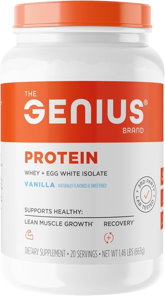 Genius Protein Powder, Vanille - Dual Protein Blend with Improved Whey Isolate & Natural Egg White for Lean Muscle Building for Men & Women - Pré et après l'entraînement d'herbe repas de remplacement Shake