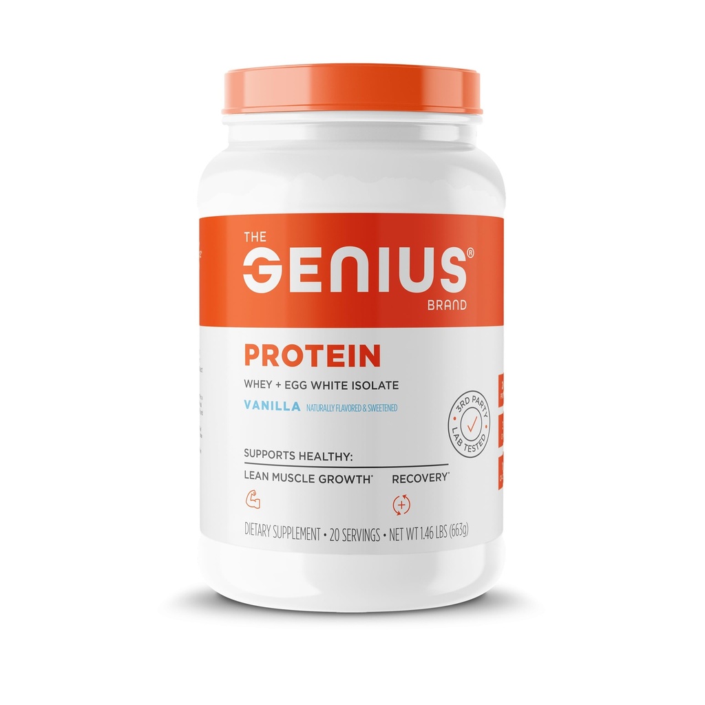 Genius Protein Powder, Vanille - Dual Protein Blend with Improved Whey Isolate & Natural Egg White for Lean Muscle Building for Men & Women - Pré et après l'entraînement d'herbe repas de remplacement Shake