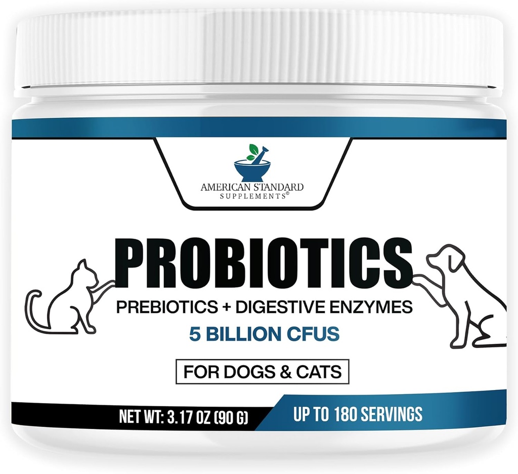 Suppléments standard américains probiotiques pour chiens et chats avec prébiotiques et enzymes digestives, 5 milliards CFU, 9 souches, 3,17 oz (90g), 180 portions - probiotiques pour chiens et chats pour la santé et la digestion Gut