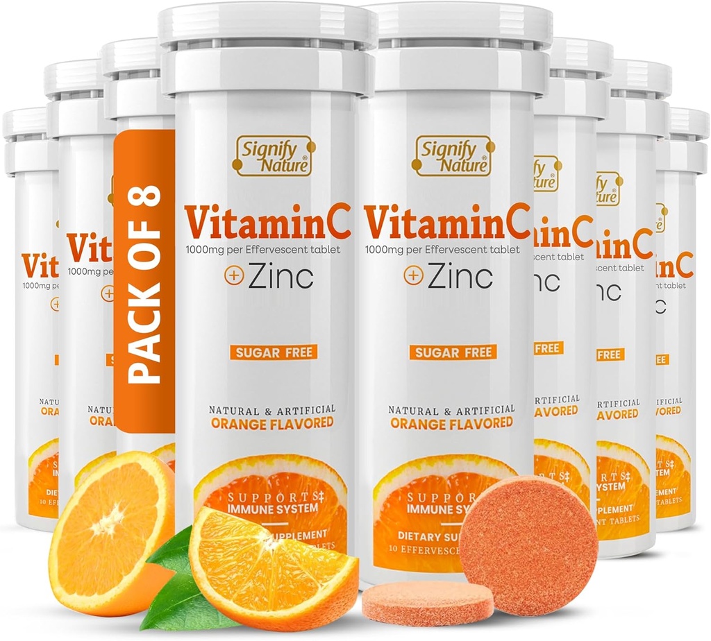 SIGNIFY NATURE Vitamine C 1000mg Comprimés effervescents - Potent Immune Support VIT C avec supplément de zinc - Sans sucre et formule végétalienne