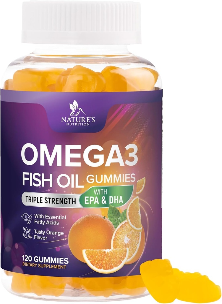 Omega-3 Gommies, Gommies d'huile de poisson pour les adultes et les enfants, Omega-3 Gommy Vitamines, EPA et DHA Huile de poisson Acides gras Supplément de gommy, Suppléments de la nature pour le soutien des articulations, de la santé cardiaque et du cerveau - 120 Compte