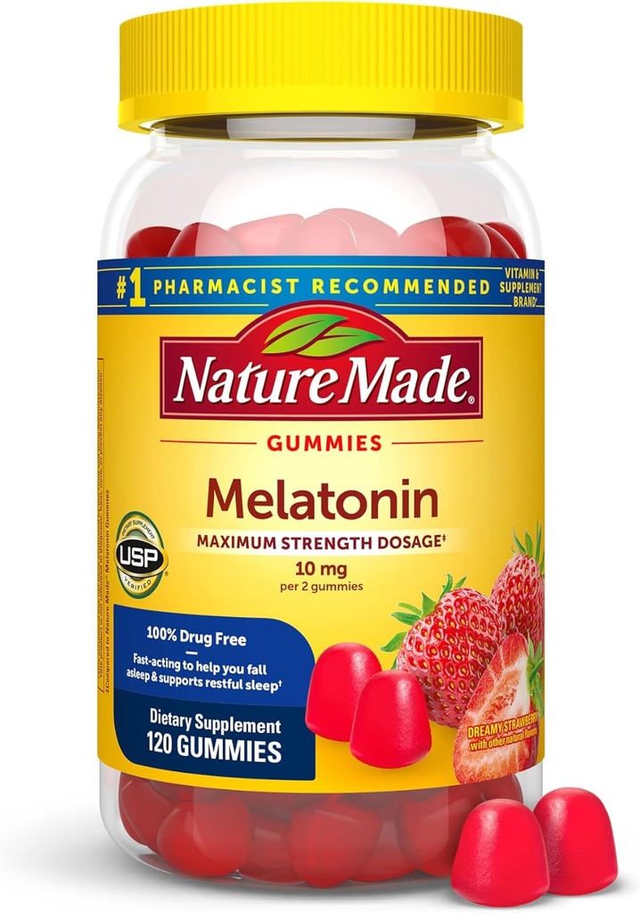 Nature Made Melatonin 10 mg per serving Gummies, Sleep Gummies for Adults Maximum Strength Dosage, 100% Drug Free Sleep Aid, 120 Count, 60 Day Supply