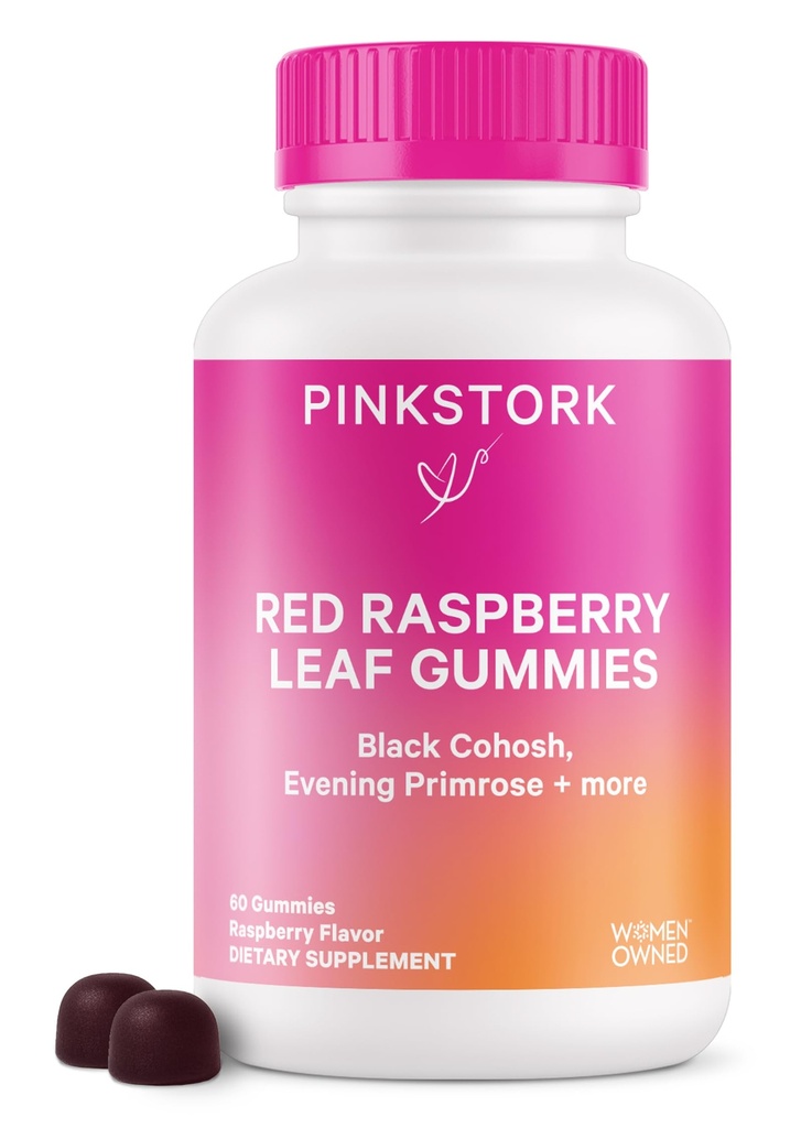 Pink Stork Red Raspberry Leaf Gummies - Troisième Trimestre Préparation de travail + Postpartum Mood Essentiels avec l'huile de Primrose du soir + Cohosh noir - 60 suppléments Gummy végétalien, non-OGM