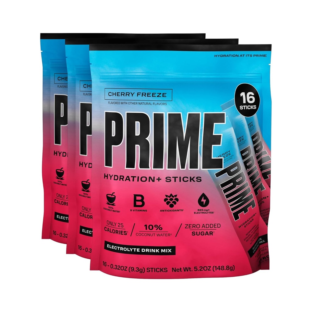 HYDRATION PRIME+ Bâtons Gel de cerises Poudre d'hydratation Bâtons de service simple Bâtons de poudre d'électrolyte sur le go, 250mg BCAAs, B vitamines, antioxydants Faible sucre, sans caféine