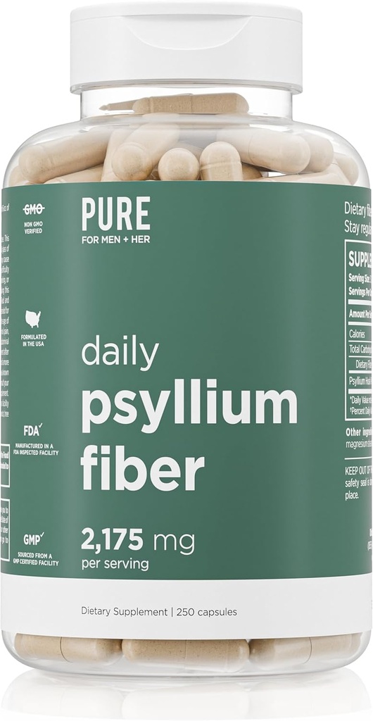 Pure pour les hommes Psyllium Husk Fiber Supplément Pure pour elle Régulière Digestionnelle & Gut Soutien de la Santé , 2 175mg par portion 250 Capsules