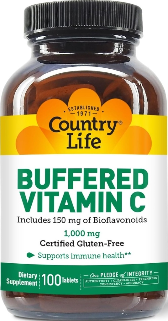 Country Life Vitamine buvée C 1000mg avec des bioflavonoïdes, Calcium, Magnésium, Potassium - Soutien immunitaire, Capsules Vegan, Sans gluten, doux sur l'estomac - 100 comprimés