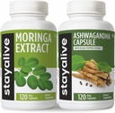 STAY ALIVE Moringa and Ashwagandha Bundle w/Black Pepper Extract, 240 Vegan Pills, Non-GMO & Gluten Free Ashwagandha Moringa Supplement 2 Pack