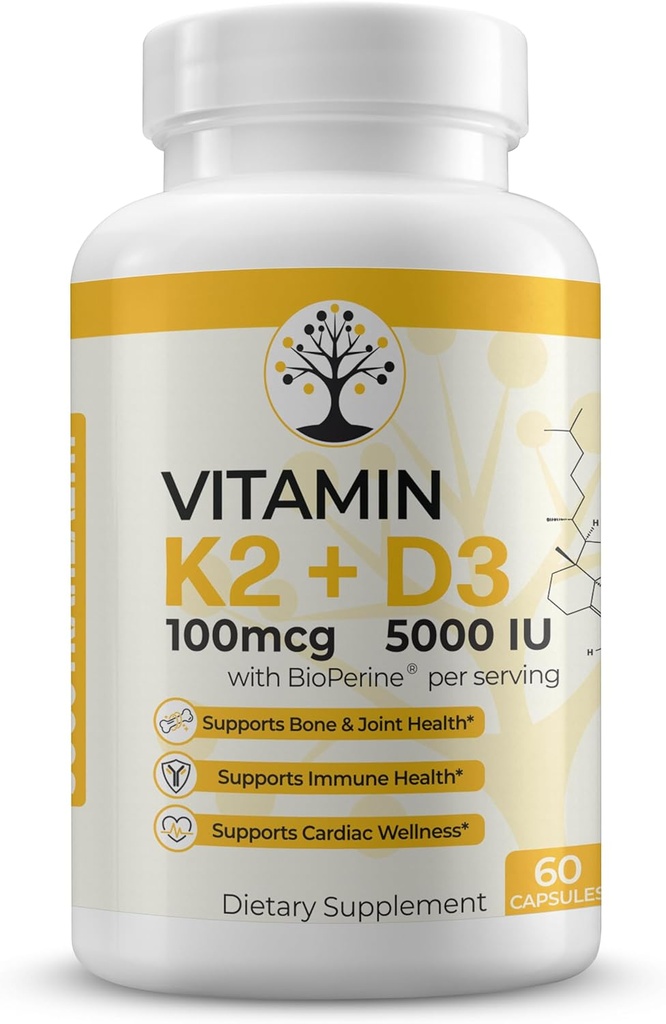Supplément vitamine D3 K2, 5000 UI - Soutient le bien-être immunitaire et cardiaque, haute puissance, sans gluten, 60 capsules