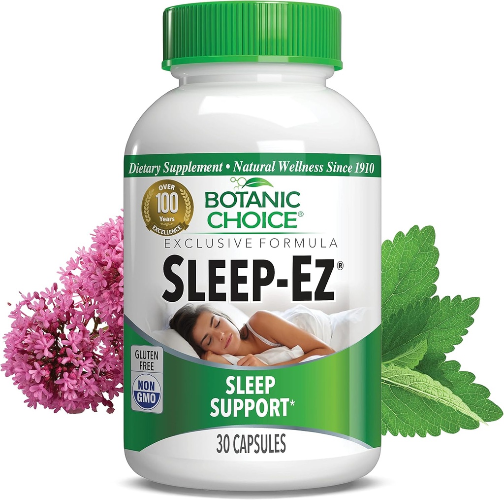 Choix botanique Sleep-Ez- Puissant mélange d'extrait de valérian, de mélatonine, de houblon, de kava kava et de baume de citron pour favoriser le sommeil sans goggie (30 capsules)