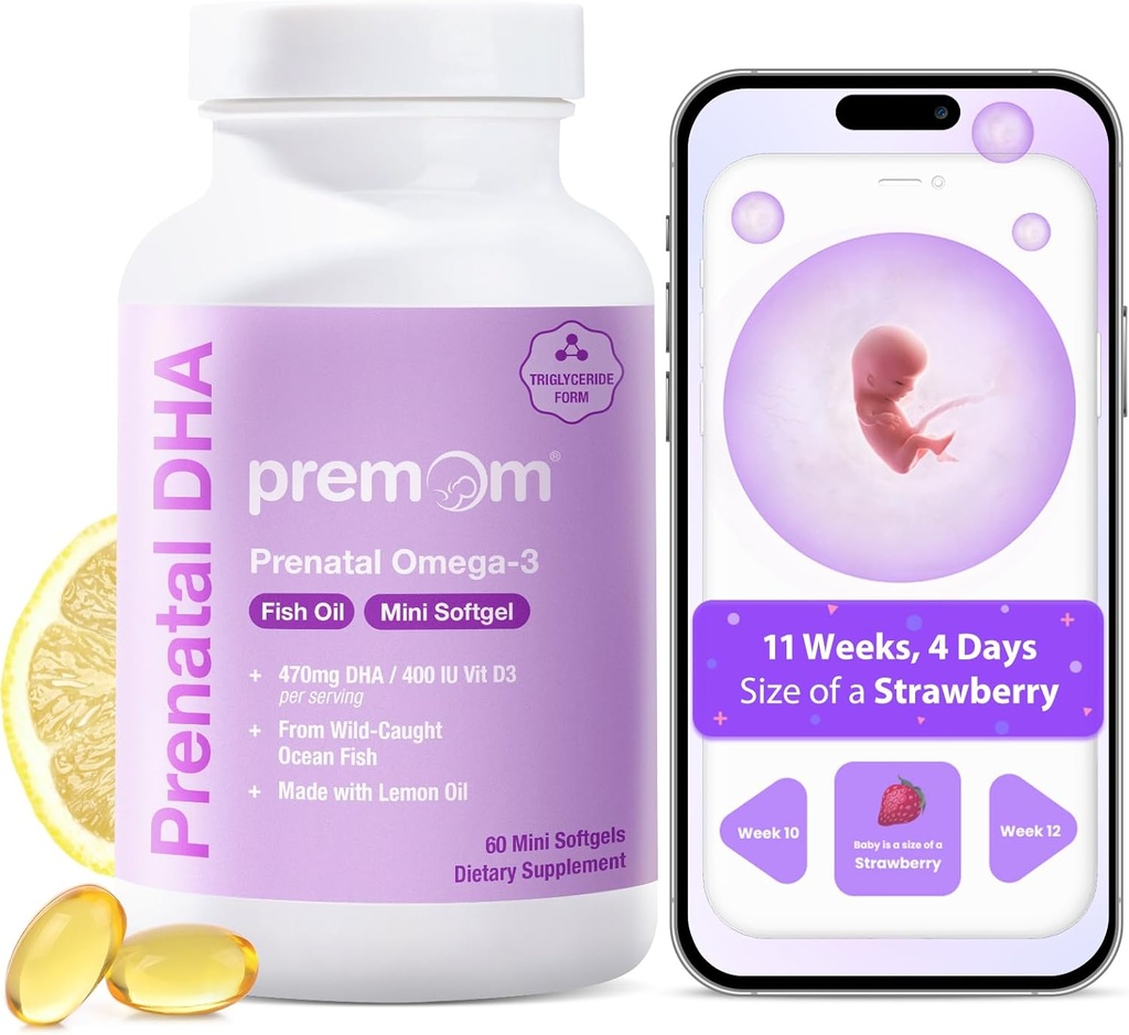 Premom Huile de poisson DHA prénatale: Triglycéride Oméga 3 avec 470mg DHA, 200mg EPA + 400 UI VIT Supplément D3 - Soutien à la fertilité pour les femmes - Source mondiale de poissons capturés sauvages