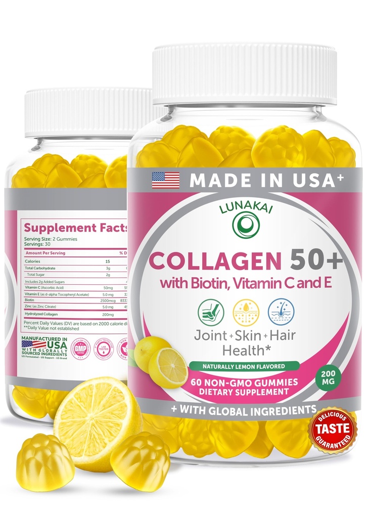 Lunakai USA Gommies de collagène pour les femmes et les hommes de plus de 50 ans, Biotine & Vitamine C, soutient l'élasticité de la peau, la force des cheveux et des ongles, le soutien des articulations, 60ct
