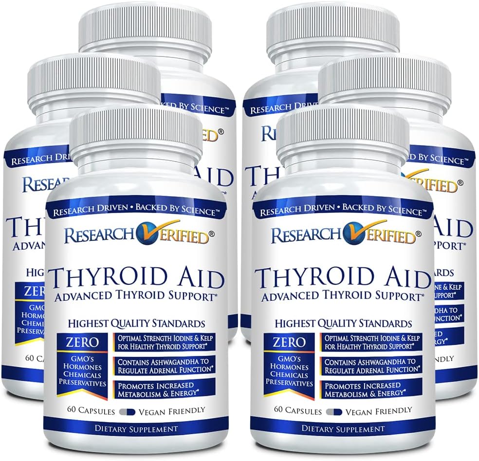 Research Verified® Thyroid Aid - Optimal Thyroid Function with Iodine, Copper & Zinc - 260 mcg Selenium - 100% Pure - Vegan Friendly - 60 Capsules Per Bottle - 6 Bottles