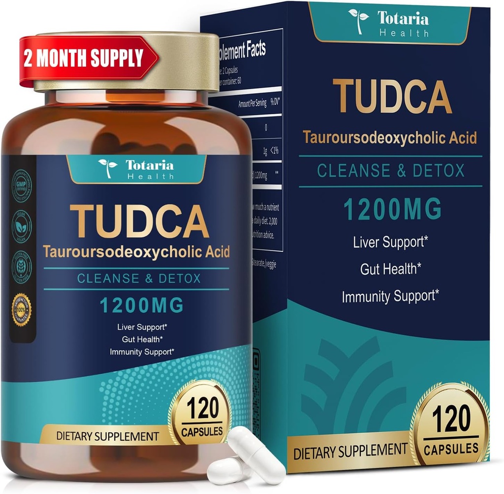 Totaria TUDCA Supplément 1200mg (acide Tauroursodeoxycholique), 120 Capsules, Ultra Strength TUDCA Bile Salts Suppléments hépatiques, pur Tudca pour la réparation du foie et de la vésicule, Gut Health
