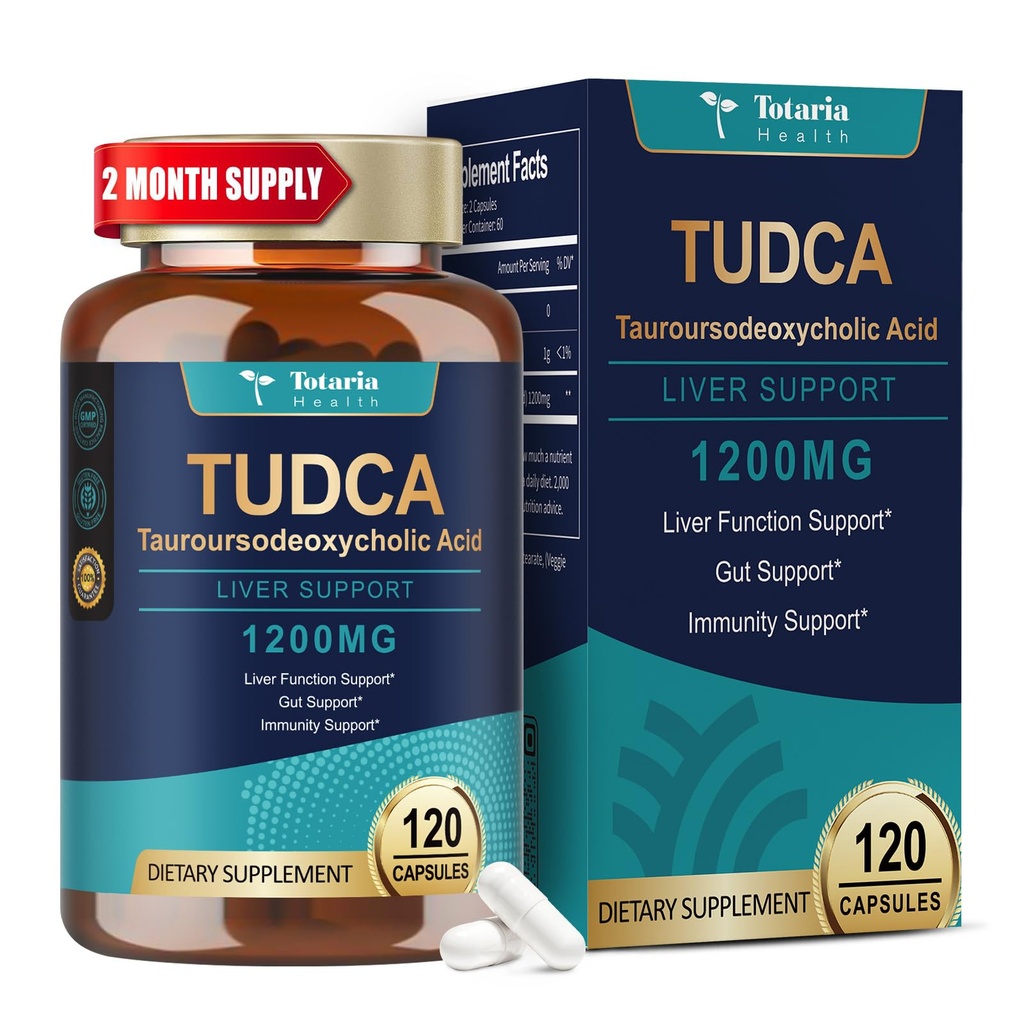 Totaria TUDCA Supplément 1200mg (acide Tauroursodeoxycholique), 120 Capsules, Ultra Strength TUDCA Sels Biles Suppléments hépatiques, pur Tudca pour la réparation du foie et de la vésicule, Gut Health