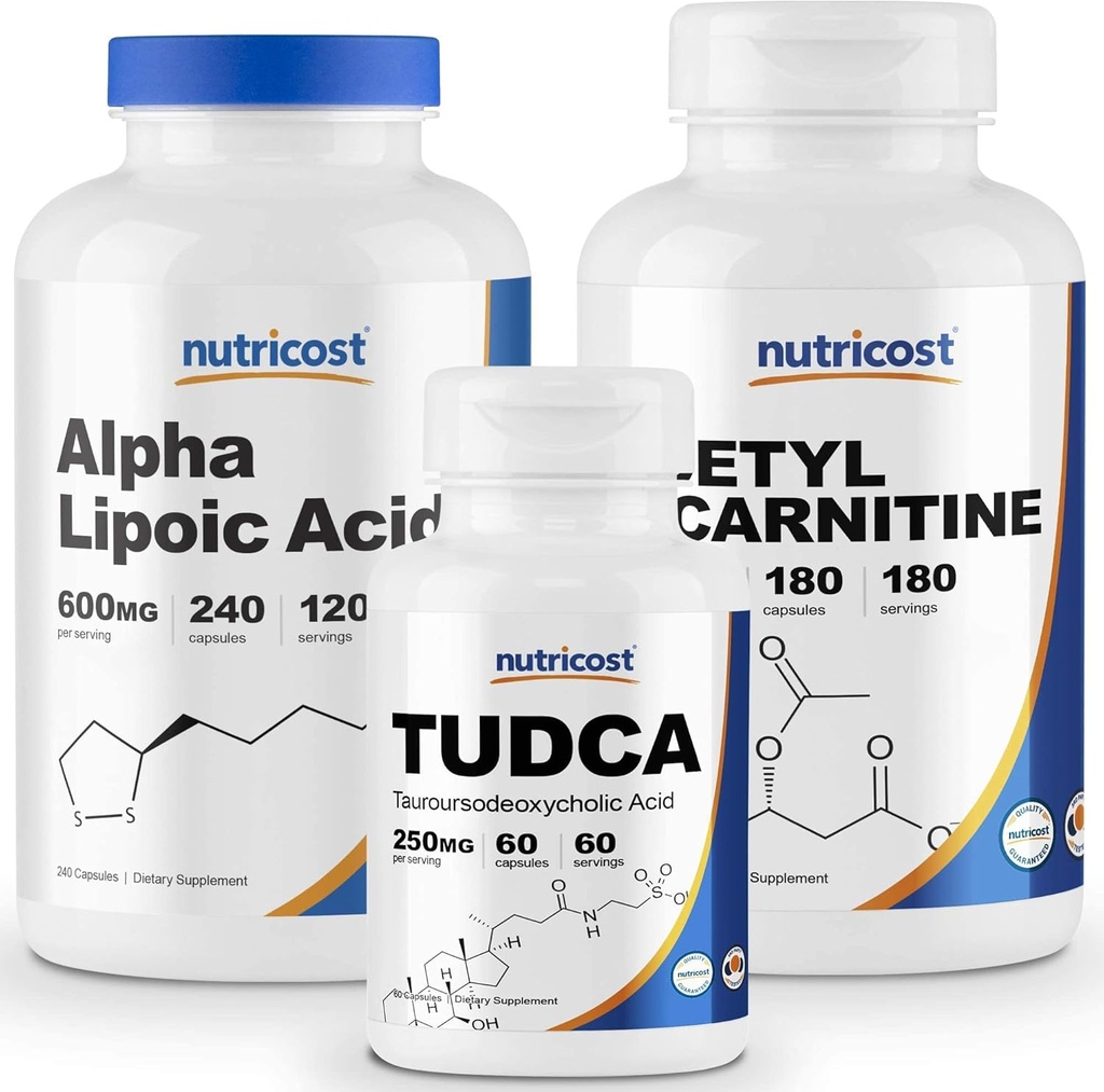 Acide alpha lipoïque Nutricost 600mg, 240 Caps & Tudca 250mg, 60 Caps & acétyl L-Carnitine 500mg, 180 Caps