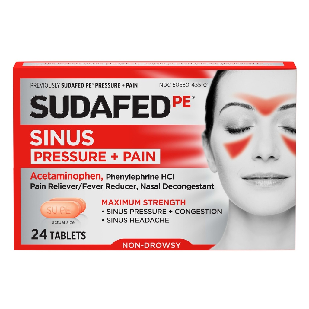 Sourd PE Sinus Pression + Comprimés de soulagement de la douleur, Résistance maximale, Non-Drowsy, OTC Sinus Relief Medicine avec acétaminophène analgésique et Phénylephrine HCl Nasal Cognestant, 24 ct