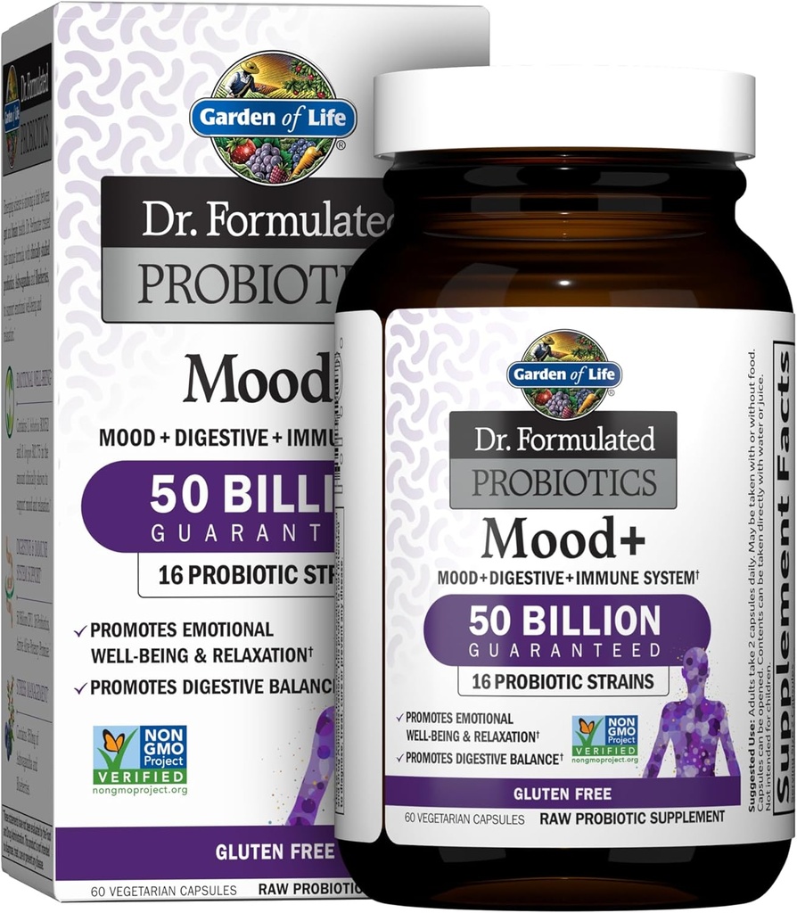 Jardin de la vie Dr. Formulé Probiotiques Mood+ Acidophilus Probiotique Supplément - favorise la relaxation et l'équilibre digestif - Ashwagandha pour la gestion du stress - Non OGM, sans gluten - 60 capsules de légumes