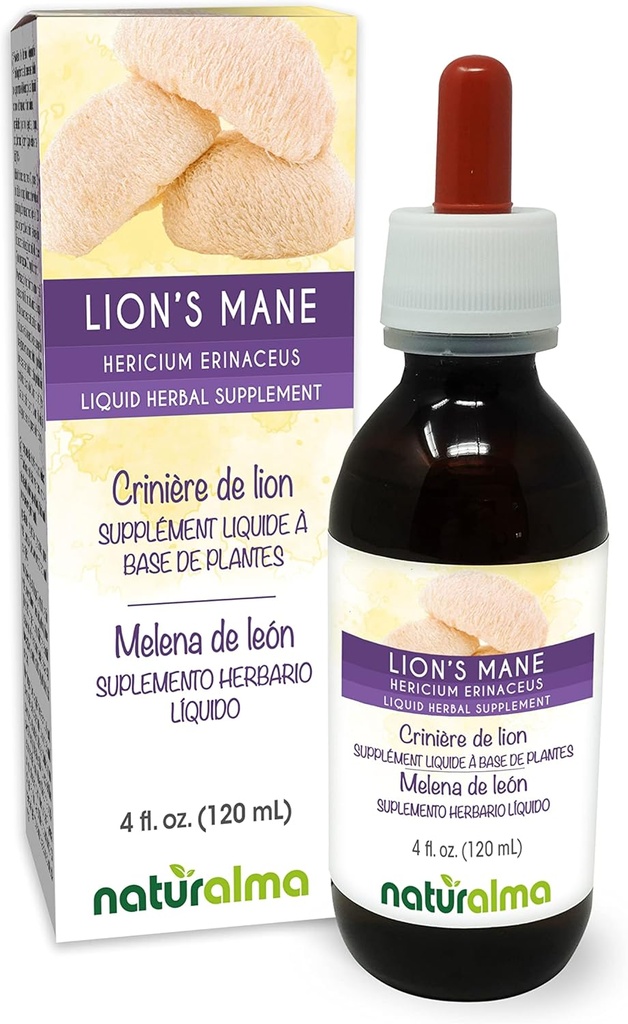 Naturalma Lion's Mane (Hericium erinaceus) Fongus ou champignons Teinture sans alcool - 4 fl oz extrait liquide dans les gouttes - supplément à base de plantes - végétalien