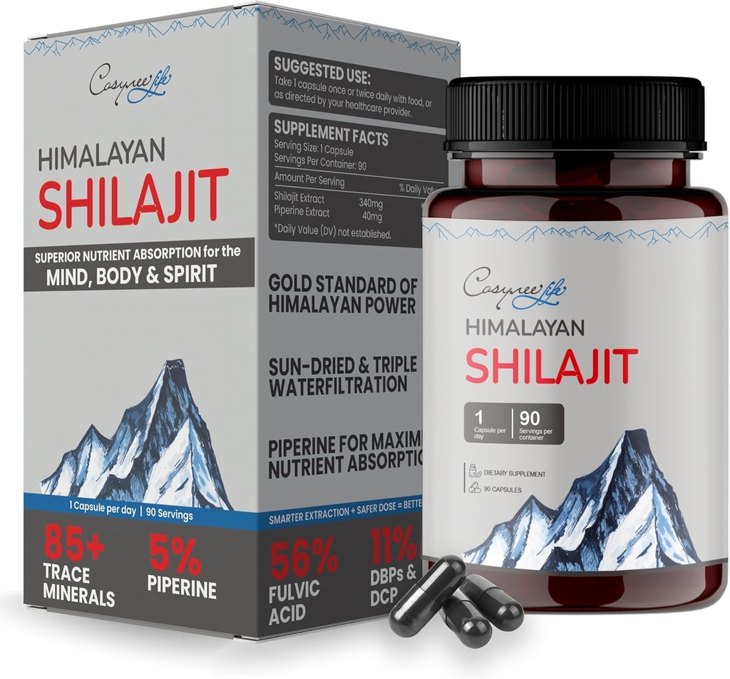 cosynee Himalayan Shilajit - Capsules Shilajit, Shilajit pour les hommes, Shilajit pour les femmes, 56% Acid Fulvic & 5% Piperine, 90 Caps