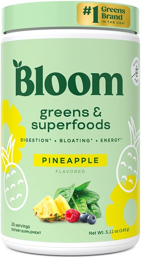 Bloom Nutrition Superfood Greens poudre, enzymes digestives avec probiotiques et prébiotiques, Gut Health, Bloating Relief pour les femmes, Chlorella, mélange de jus vert avec poudre de racine de betterave, 25 SVG, ananas