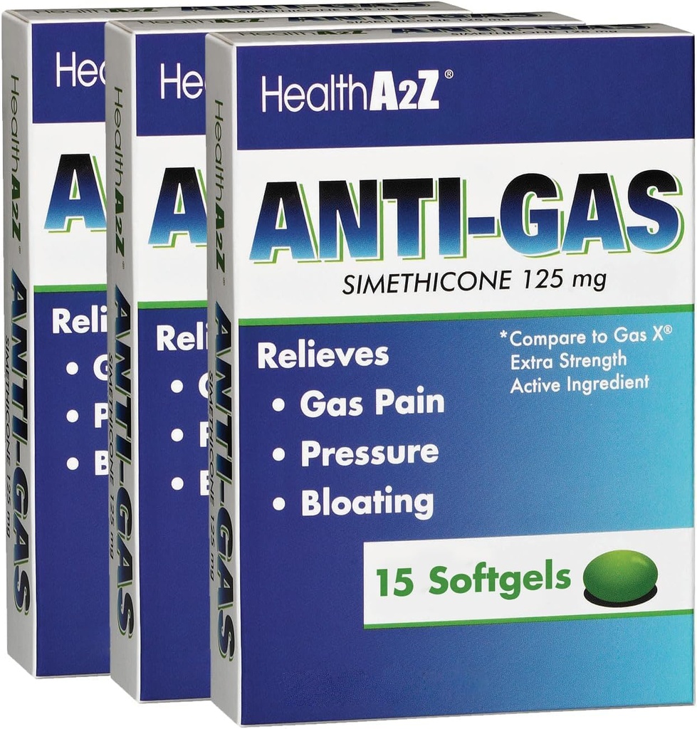HealthA2Z® Gas Relief Simethicone | 125mg | Relieves from Stomach Discomfort and Gas | Anti Flatulence | Relieves Gas Fast and Bloating (15 Counts (Pack of 3))