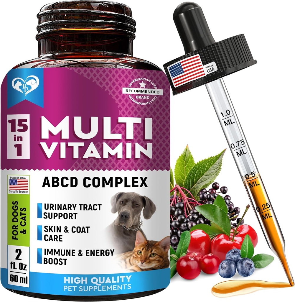 Cat & Dog Multivitamine liquide avec Glucosamine et canneberge , 15 suppléments de santé en 1 pour le rein, la vésicule, la hanche et l'articulation, la peau et le manteau