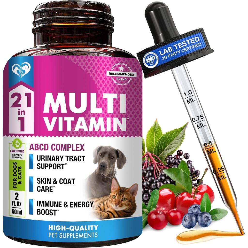Cat & Dog Multivitamine liquide avec Glucosamine et canneberge , 15 suppléments de santé en 1 pour le rein, la vésicule, la hanche et l'articulation, la peau et le manteau