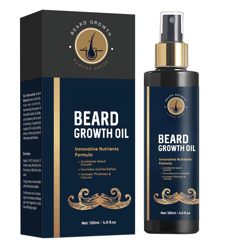 Huile de barbe pour les hommes, huile de croissance de 5 % de barbe pour la barbe plus épaisse et plus complète, favoriser la croissance des cheveux faciale, avec biotine, romarin et huile de barbe de castor pour les hommes croissance, 4 Fl Oz