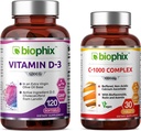 biophix Vitamine D-3 5000 UI 120 Softgels - Vitamine C-1000 30 Comprimés - Haute puissance dans l'huile d'olive vierge extra non-OGM sans soja soutient la santé immunitaire des os forts