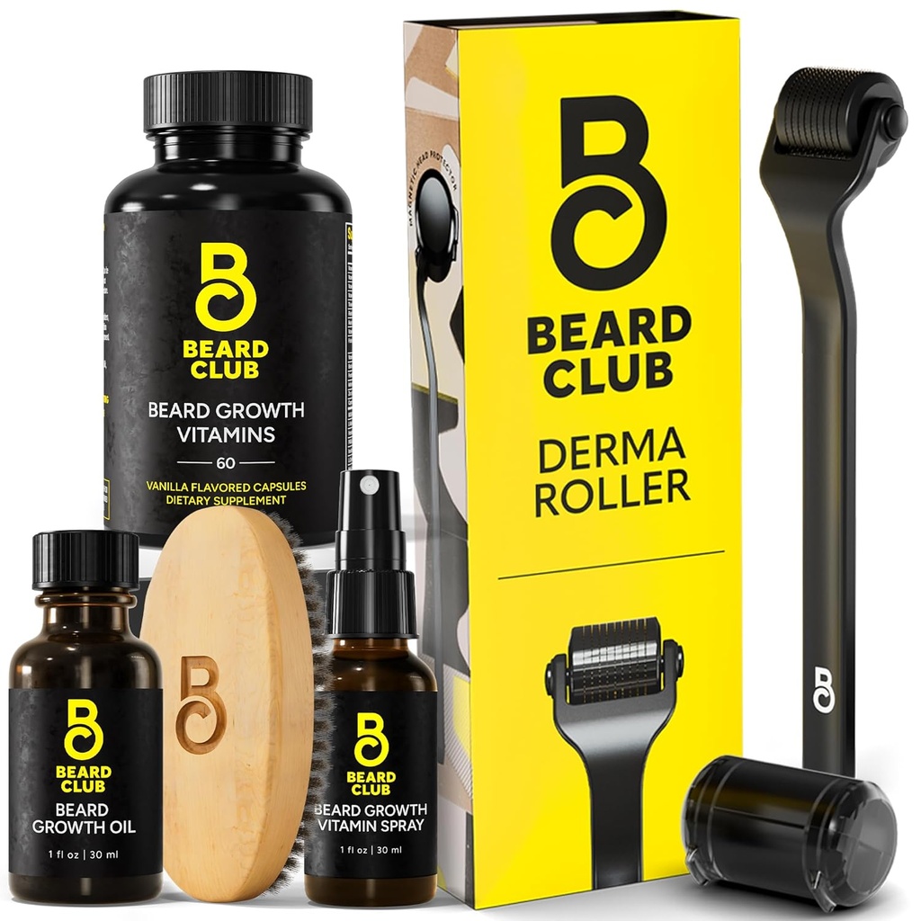 Le club de la barbe Roller & Essential Beard Kit - Rouleaux de la barbe, huile de la barbe, spray de la barbe, vitamines de la barbe