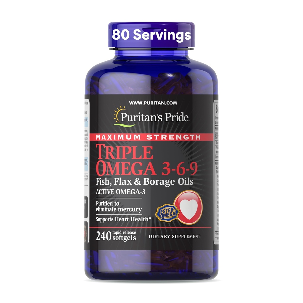 Puritan's Pride Premium Maximum Strength Triple Active Omega 3-6-9 Huiles de poisson, de lin et de borage, supplément alimentaire pour le soutien cardiaque, articulaire et cellulaire, 240 Softgels à libération rapide