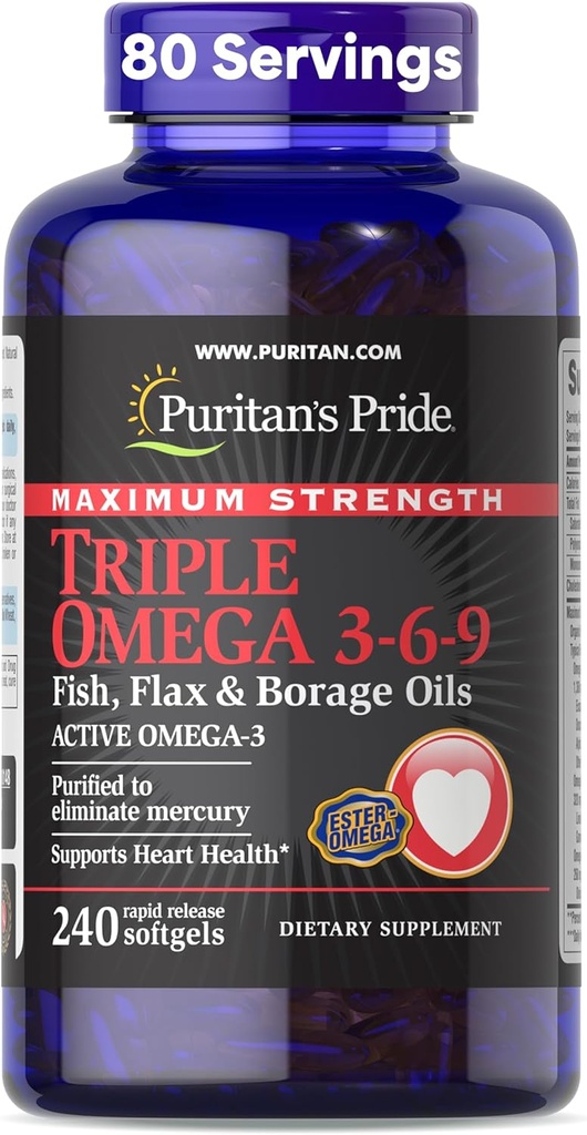 Puritan's Pride Premium Maximum Strength Triple Active Omega 3-6-9 Huiles de poisson, de lin et de borage, supplément alimentaire pour le soutien cardiaque, articulaire et cellulaire, 240 Softgels à libération rapide