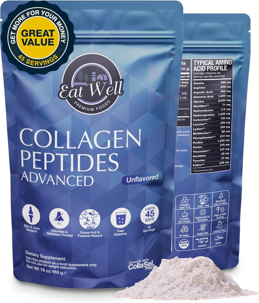 EAT WELL PREMIUM ALIMENTS Collagène Peptides Powder Protein 45 portions, 16oz, Collagène pour la peau, les os et le soutien articulaire, compléments de collagène de type I et III pour les femmes et les hommes, Keto, acides aminés