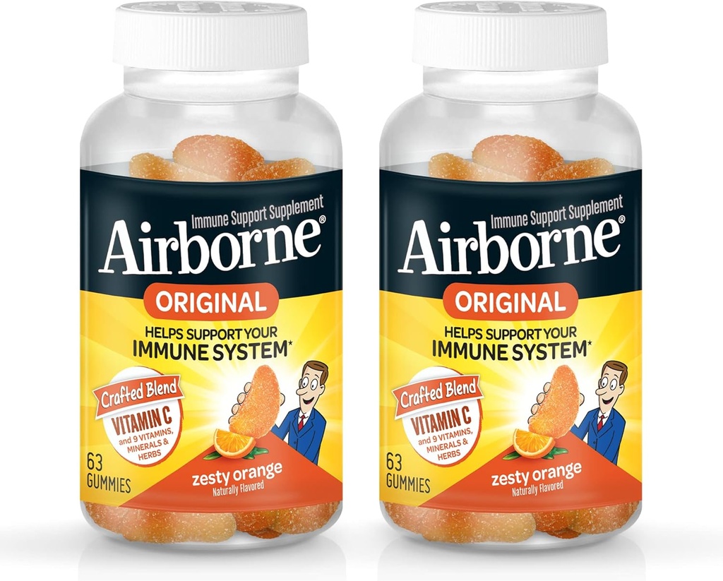 Airborne 750mg Vitamine C Supplément de soutien immunitaire Gommies pour adultes, parfum orange zeste, mélange sans gluten avec des antioxydants puissants Vitamines A C & E, 63 Gommies (2 Pack)