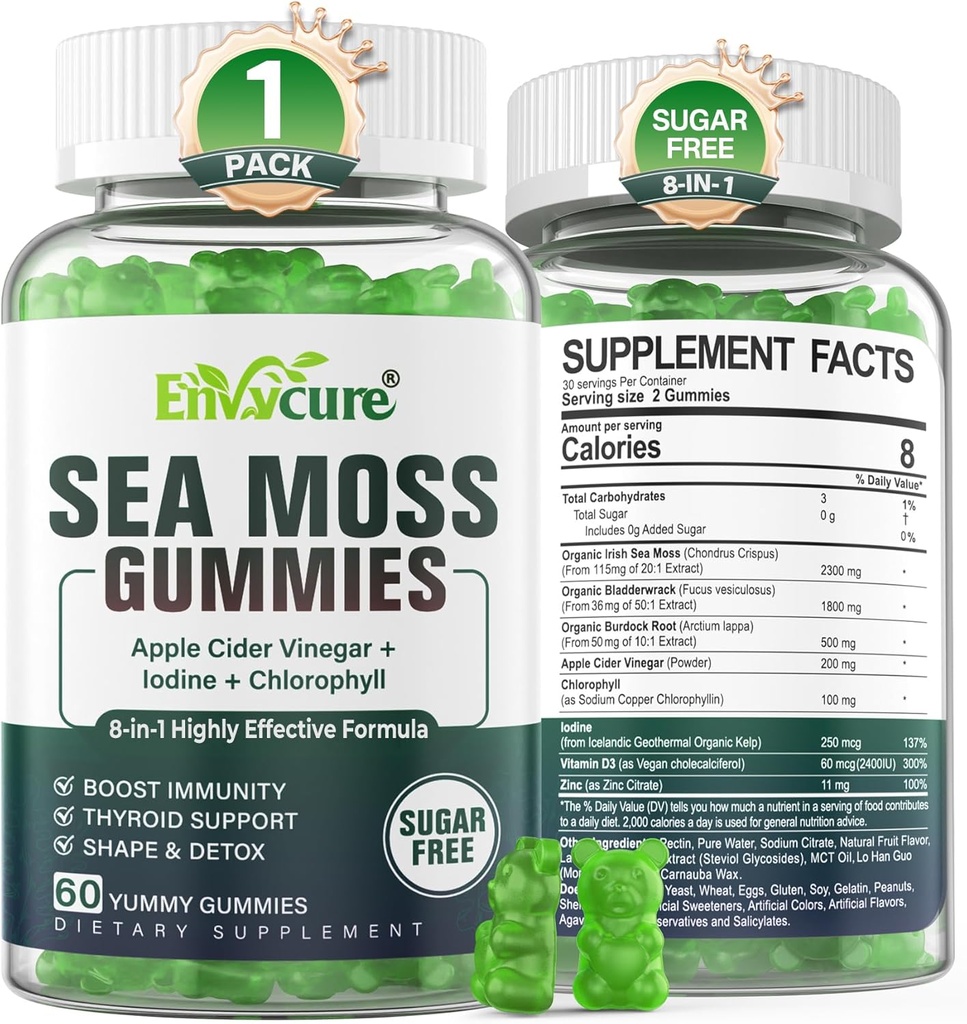 1Pack sans sucre de mousse de mer, supplément de gel de mousse d'Irlande extra-fort avec iode, chlorophylle, vinaigre de cidre non filtré, D3, racine de dard, Bladderwrack pour immune, digestif, peau, cheveux, Det.
