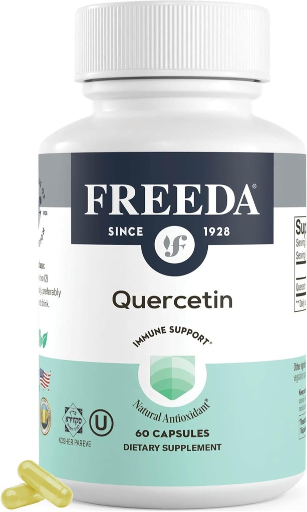 FREEDA Quercetin 500mg - Supplément Quercetin pur pour l'histamine et l'immuno-support, la santé cardiaque et les antioxydants - Supplément santé végétalien sans gluten pour adultes certifié Kosher (60 capsules)