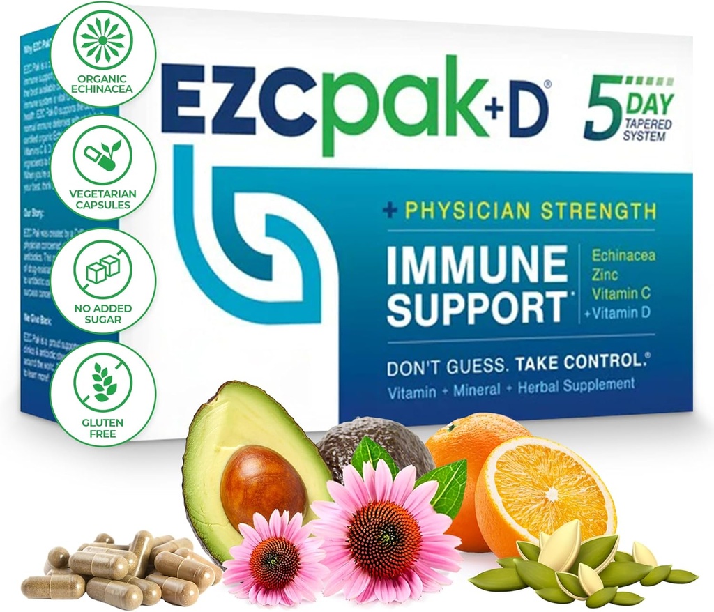 EZC Pak 5-Day Immune System Booster avec Echinacea, Vitamine C, Zinc et Vitamine D - Supplément de support pour les adultes Immunissables et faciles à transporter