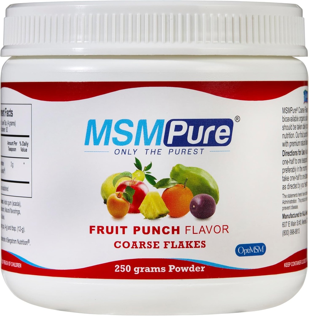 KALA Health MSMPure Fruit Punch Aromatisé MSM Flakes en poudre – US-Fabriqué MSM pour la santé articulaire, l'apparence de la peau et le soutien des cheveux et des ongles – 8,8 oz, soufre organique