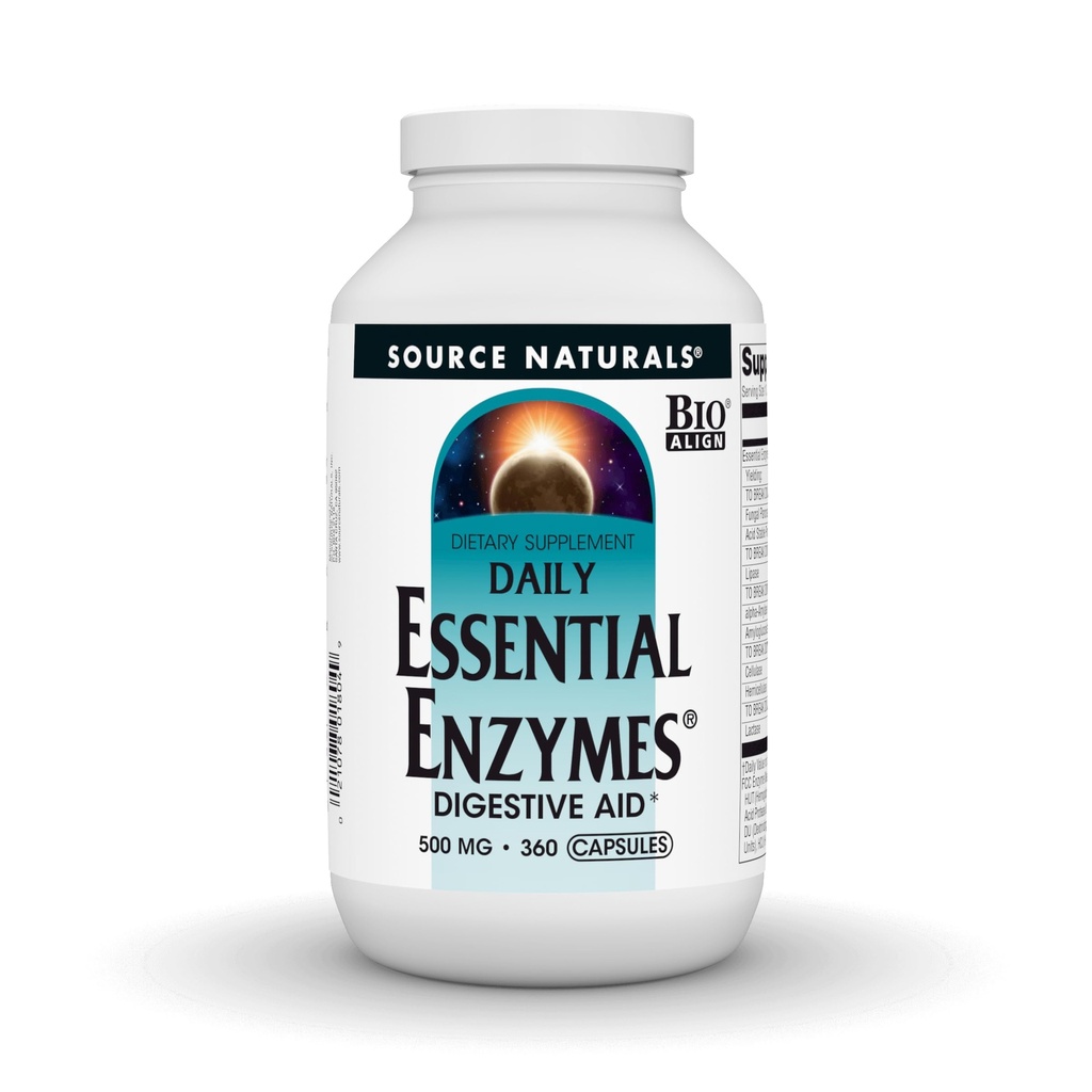 Source Naturals Enzymes essentiels 500mg, Supplément enzymatique multiple bio-aligné Défense à base de plantes pour la digestion, le gaz, la constipation et le dégel - Aide digestive* - 360 capsules, 360 portions