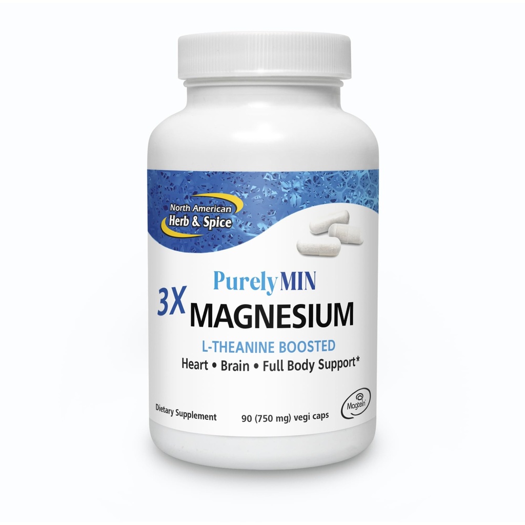 NORTH AMERICAN HERB & SPICE PurelyMin - 90 capsules Vegi - Complexe de magnésium hautement absorbant + L-Theanine - 30 portions
