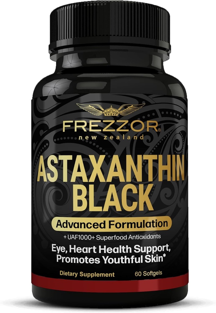 FREZZOR Astaxanthine Noir 12mg de supplément de beauté anti-âge Antioxydant de récupération d'exercice pour la peau, l'oeil, le nerf, le muscle cardiovasculaire et immunitaire Soutien de 60 Softgels