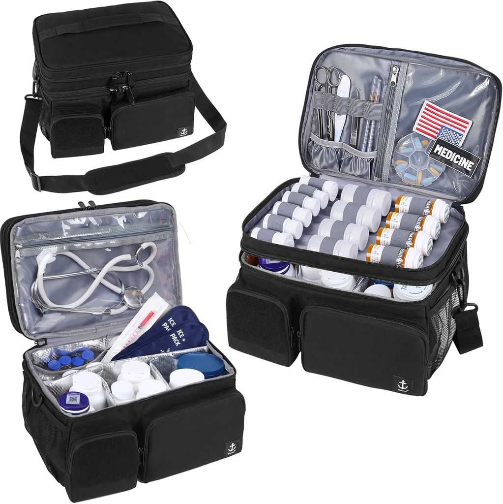 Double couche Sac de médecine avec compartiment isolé Organisateur de bouteilles de pilules avec fermeture éclair verrouillable, Organisateur de médicaments de voyage avec des paillettes d'épaule molles pour bouteilles de pilules, fournitures médicales