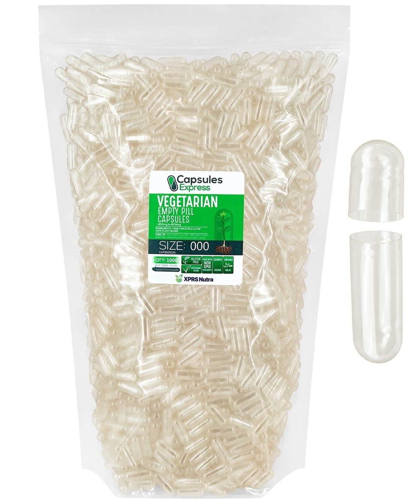 XPRS Nutra Taille 000 Capsules vides - Effacer les capsules végétales vides - Pilules végétariennes - Garniture de capsules végétales bricolage - Pilules de pilules veggies pour les suppléments Do-It-Youlf (5000)