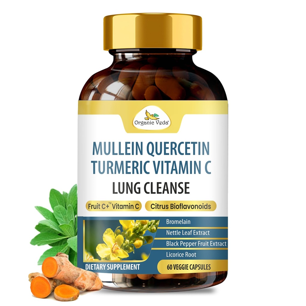 Organic Veda Mullein Quercetin Turmeric Lung Cleanse Capsules – 13 in 1 Herbal Lung Health Supplement with Bromelain, Ginger, Vitamin C – Respiratory Immune, Lung Detox for Smokers (60 Capsules)